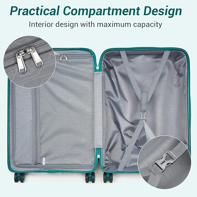 Kono Carry On Luggage 24 Inch Checked-Medium Hard Shell Travel Trolley 4 Spinner Wheels Lightweight Polypropylene Suitcase with TSA Lock, Turquoise