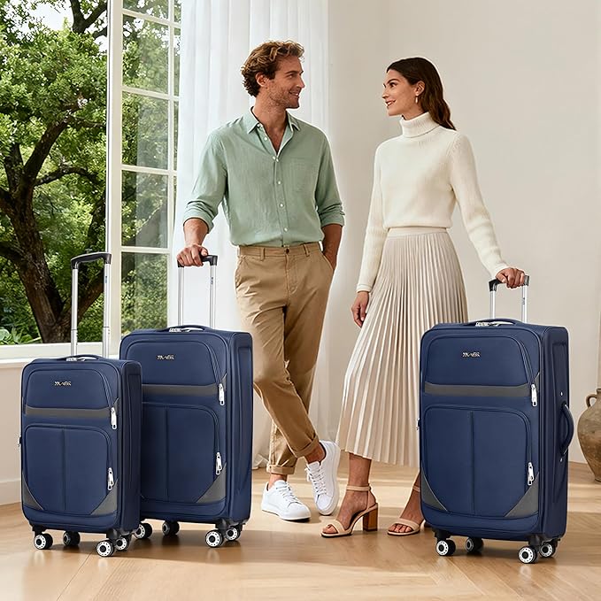 3-Piece Softside Expandable Luggage Set with Front Open Pocket,Lightweight Durable Suitcase Sets Double Spinner Wheels & w/LOCK（Navy-Grey,20in/24in/28in）
