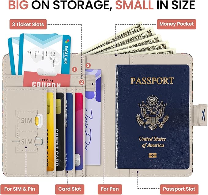 Passport Holder for Travel Essentials, RFID Blocking Leather Cover Wallet with Magnetic Closure, Aesthetic & Cute Passport Book Case for Women and Men - Flower