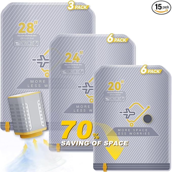 15-Pack Vacuum Bags for Travel with Wireless Rechargeable Pump, Carry-on Size Compression Packing Bags for Luggage & Suitcase, Space Saver for Clothes & Clothing, 15 Combo Travel Size, Fast 3S Vacuum