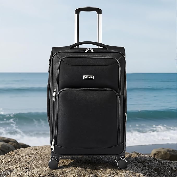 VEVOR Softside Expandable Luggage with Spinner Wheels, 24-Inch Softside Checked Medium Luggage, Lightweight Checked Suitcase with Expandable Zippered Pocket and TSA Lock, Black