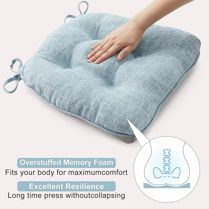 Quilmfoam 16.5"x15.5" Kitchen Chair Cushions Set of 4 for Dining Chair, Soft Tufted Non-Slip Memory Foam Seat Cushion with Ties for Indoor Kitchen Dining Furniture, Light Blue