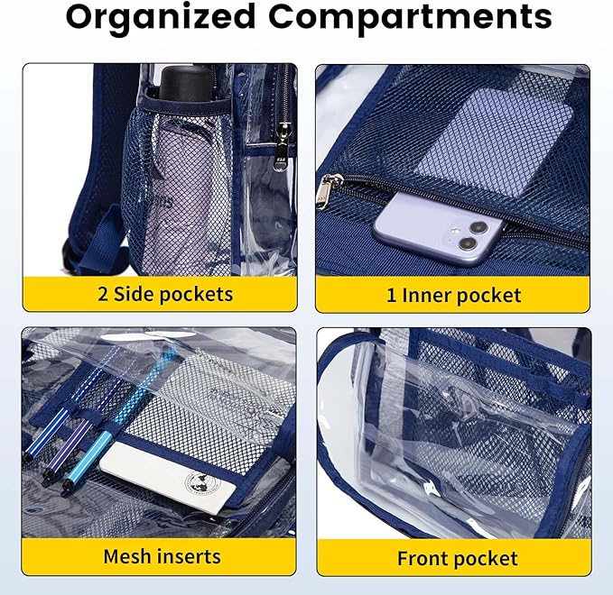 Vorspack Clear Backpack Heavy Duty PVC Transparent Backpack with Reinforced Strap Stitches & Large Capacity for College Workplace Security - Navy