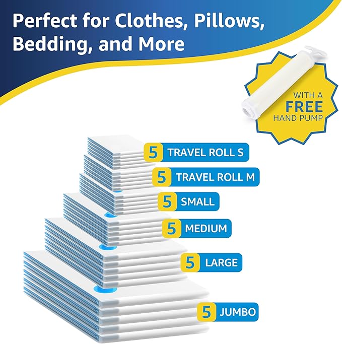 30 Pack Vacuum Storage Bags, Compression Storage Bags, Space Saver Bags for Comforters, Blankets, Pillows and Clothes Storage, Hand Pump Included (5 Jumbo/5 L/5 M/5 S/5 Roll M/5 Roll S)