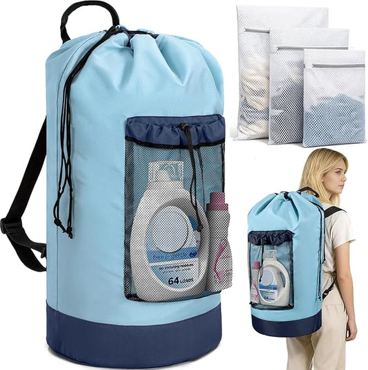 150L Laundry Bag Backpack with 3 Sizes Mesh Wash Bags and Shoulder Straps Foldable Clothes Hamper Bag with Drawstring Closure for College, Apartment, Laundromat (Pale Blue)