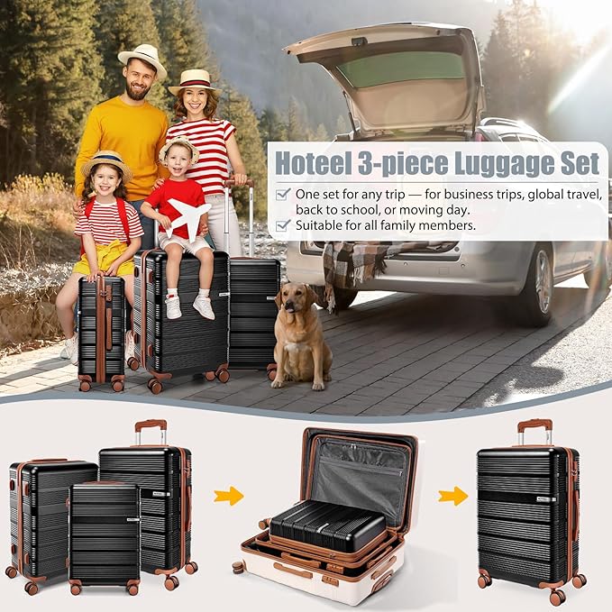 Hoteel Luggage Sets 3 Piece,(4-YEARS WARRANTY) ABS+PC Durable Lightweight Hard Shell Luggage Sets With TSA Lock For Travel,Business Trip, Suitcase Set 20 24 28 Inch, Black