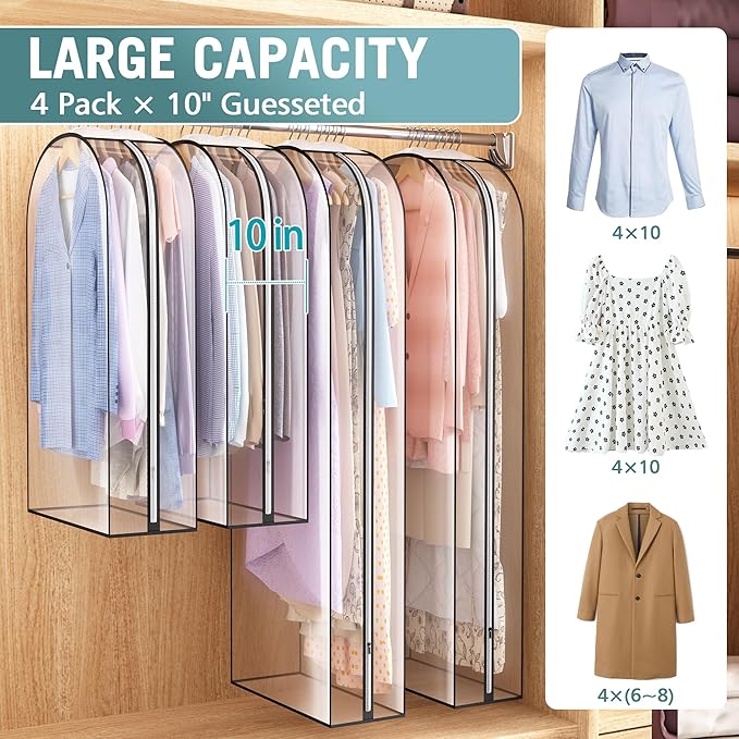 Liuoud Clear Garment Bag for Hanging Clothes 10” Gusseted, 40&60” Suit Bags for Open Closet Storage Plastic Clothes Cover for Coat, Dress, Shirts, Fur, Jacket, Wardrobe Protectors, 4 Pack