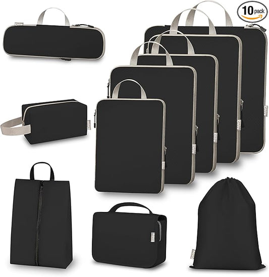 Compression Packing Cubes for Travel, Set of 10 Expandable Luggage Organizers with Shoe Bag, Lightweight Water-Resistant Suitcase Essentials for Carry-on & Checked Luggage, Black