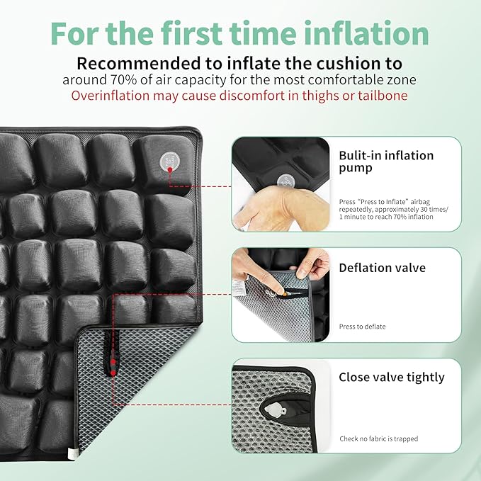 3D Air Inflatable Seat Cushion for Wheelchair & Office Chair - Adjustable Firmness Pad for Sciatica, Tailbone & Lower Back Pain Relief - Breathable, Anti-Slip, Washable Cover (18x16)