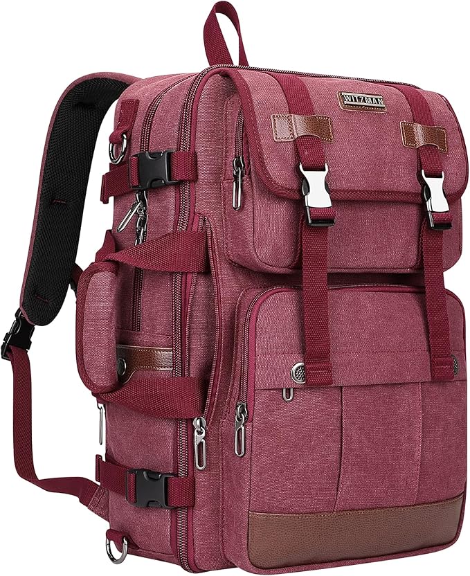 WITZMAN Canvas Travel Backpack for Women Large Laptop Backpack Fit 16 inch Carry-on Airline Approved Convertible Shoulder Rucksack(A6617-3 Red)
