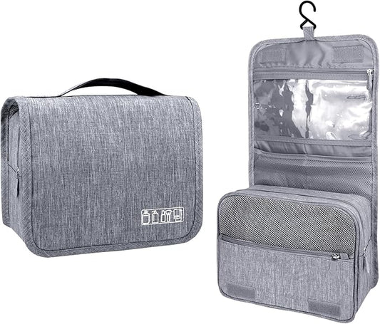 Large Capacity Toiletry Bag Travel Bag with Hanging Hook for Men and Women Waterproof Travel Cosmetic Bag Bathroom Storage Bag for Brushes Set,Full-Sized Shampoo,Toiletries,Accessories-Grey