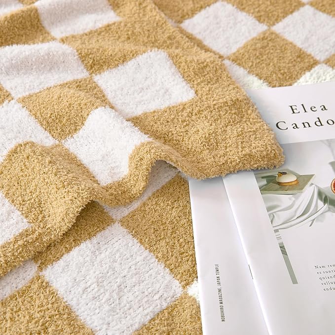 Checkered Throw Blanket, Khaki Soft Cozy Fluffy Knitted Throw Blankets for Couch, Sofa, Bed, Chair, Warm Fuzzy Travel Picnic Lightweight Plaid Blanket, 60x80 inches