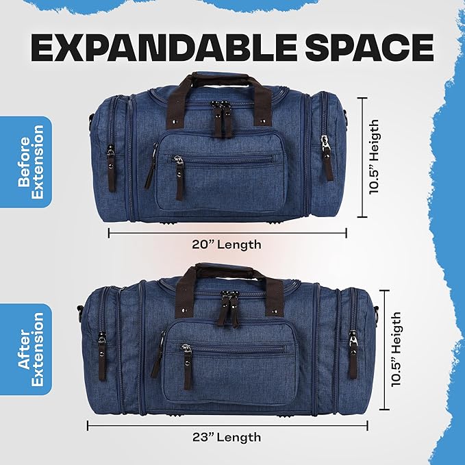 Duffle Bag for Travel 20–23” Expandable (40L) – Lightweight Water-Resistant Carry On Weekender with Multiple Pockets & Shoulder Strap – Airline Approved Travel Duffel Bags for Men & Women - BLUE