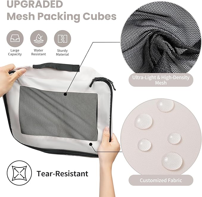 Mesh Packing Cubes for Travel, Durable Luggage Organizer with Sturdy Material and Double Zippers, Comprehensive Set for Travel Accessories Storage, 8 set, cream
