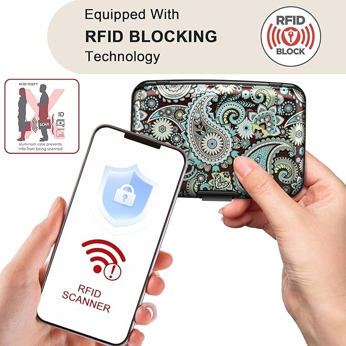 ELFISH Mini RFID Aluminum Wallet Credit Cards Holder Business Card Case Metal ID Case for Men Women (Blue flower)
