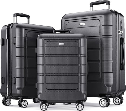 SHOWKOO Luggage Sets Expandable 100% PC Durable Suitcase Double Wheels TSA Lock Gray