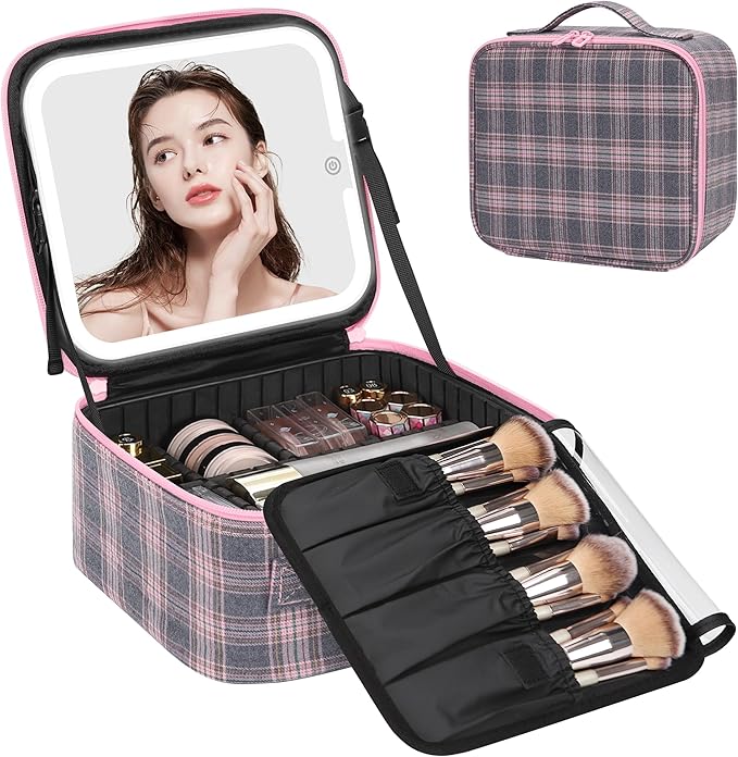 Relavel Travel Makeup Bag With LED Mirror, Portable Cosmetic Organizer Bag with Adjustable Brightness in 3 Color Scenarios, Small Train Case with Detachable Dividers for Trip- Grey Strip