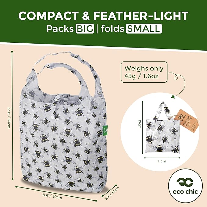 ECO CHIC Foldable Reusable Grocery Bags - Lightweight, Recycled & Reusable Shopping Bag - Waterproof Packable Tote