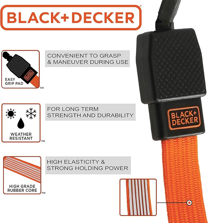 Black+Decker BDX1010-32PK Black/Orange 24" Flat Bungee Cord Straps, 32 Pack