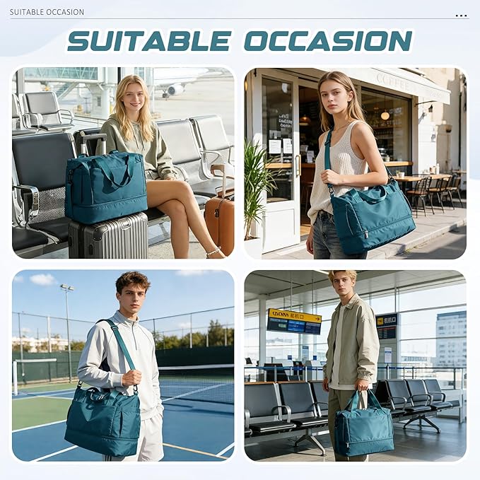 Travel Duffel Bag with Shoe Compartment, Large Weekender Bags for Women Men with Trolley Sleeve for Airplane, Waterproof Carry on Bag Sport Tote Bags Hospital Holdalls, Peacock Blue