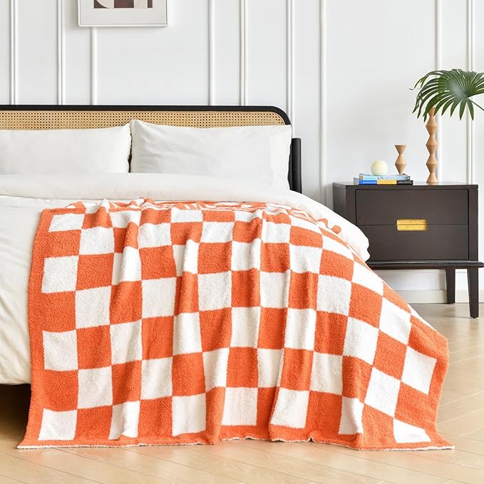 Checkered Blanket, Cozy Soft Throw Blankets for Couch Bed, Fluffy Plaid Lightweight Comfy Travel Picnic Blanket Gifts for Sofa Chair Living Room Camping (Orange, Throw 50"x60")