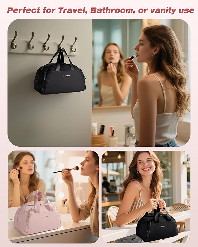 Travel Makeup Bag, Small Size Waterproof Toiletry & Cosmetic Organizer with Leakproof Pockets for Bathroom or Vanity Use for Women, Black
