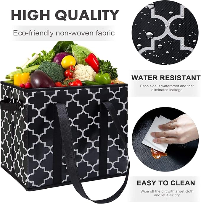 WISELIFE Reusable Grocery Bags 6-Pack Foldable Washable Large Storage Bins Basket Water Resistant Shopping Tote Bag Black