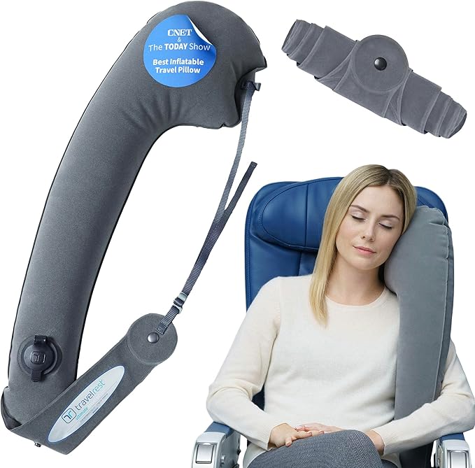 TRAVELREST Ultimate Inflatable Neck Support & Body Pillow - Airplane Pillow for Long Flight Comfort, Travel Essentials, Sleeping Accessories, Headrest Support Seat for Car (Grey)