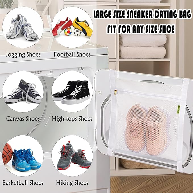 Sneaker Wash & Dry Net Bag for Dryer, 15.7x13.8 Inch Large HoneyComber Mesh Bags with Zipper and Strap for Shoes, Clothing, Laundry Reused Bag Tool (2 Pcs White)