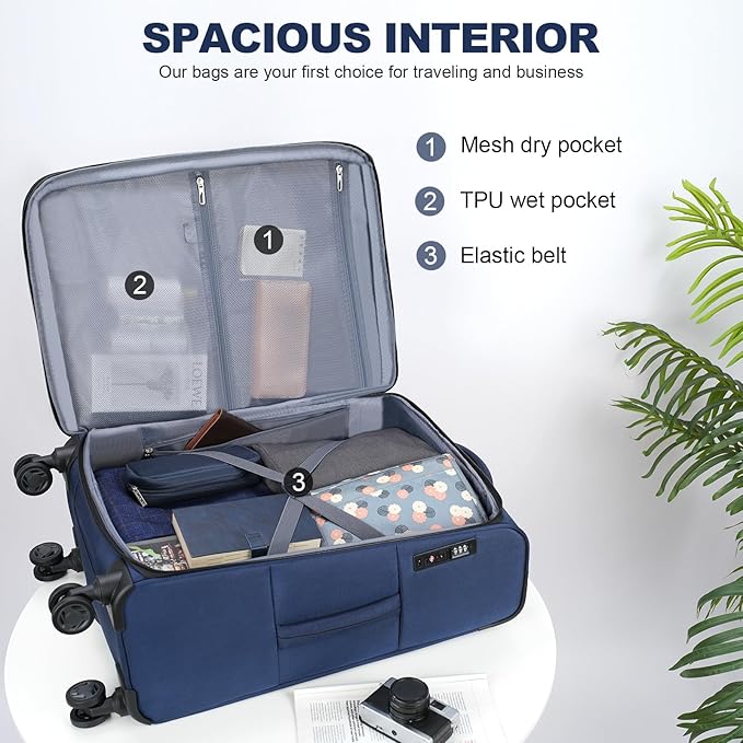 KROSER Softside Expandable checked Luggage with Front Business Pockets，24 Inch Suitcases with Spinner Wheels & Built-in TSA Lock, Durable Suitcase Rolling Luggage, Navy