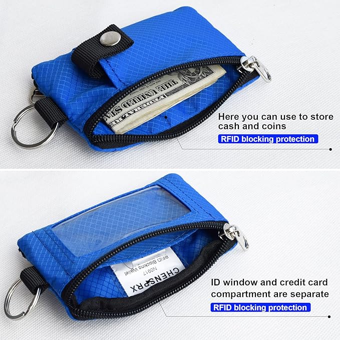 CHENSPRX Minimalist RFID Blocking Small Wallet with ID Window,WaterResistant Zip Id Case Wallet with Lanyard Keychain for Cards,Cash,Travel,Women,Men