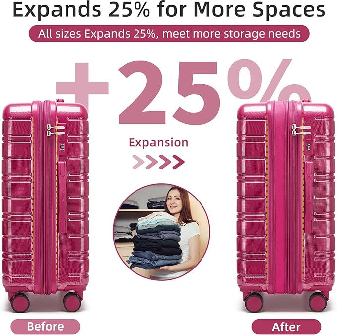 LARVENDER 5 Piece Hardside Expandable Luggage Sets with Wheels Lock, Lightweight PC+ABS Rolling Hardside Suitcase for Women and Men,Glossy Very Berry