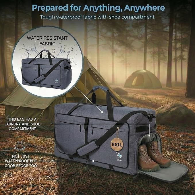 Bago Large Duffle Bag for Travel Women & Men. Durable Lightweight Foldable Travel Duffel Bags For Traveling Women. 100L Duffle Bags for Overnight Bag With Shoe Compartment Collapsible Weekender duffel