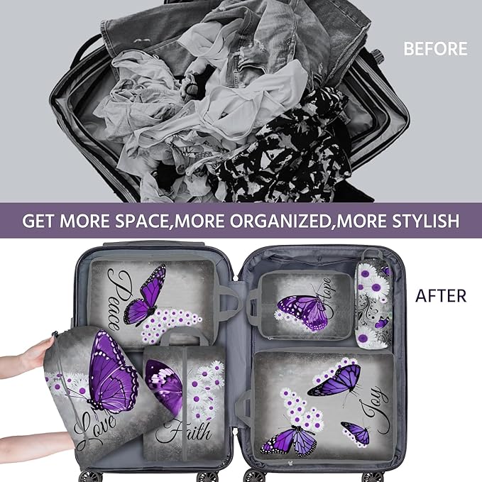 6 Pcs Compression Packing Cubes Waterproof Suitcase Travel Bag Luggage Backpack Organizer Travel Cubes for Packing-Purple Butterfly