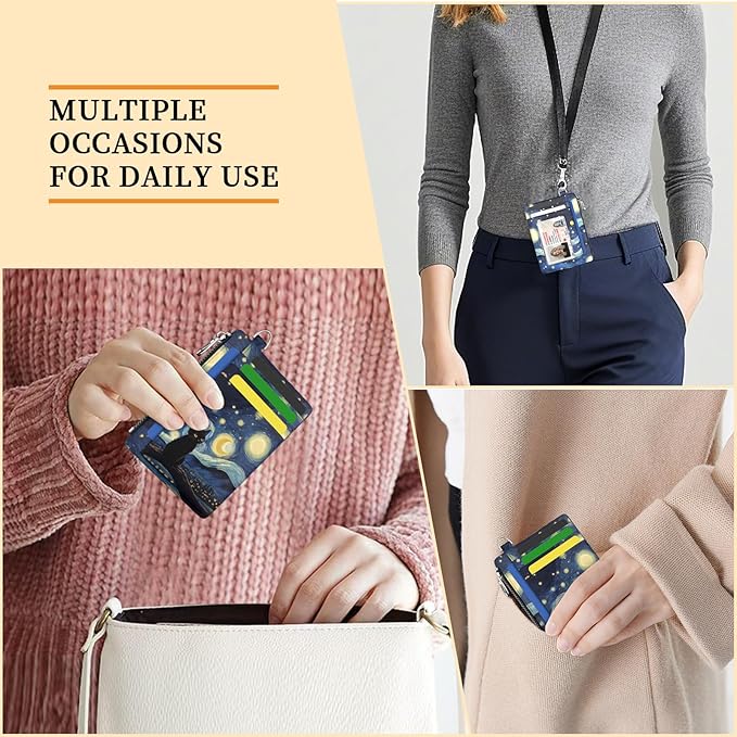 Hancynir Slim Wallet Women Credit Card Holder Black Cat Starry Night RFID Small Mini Card Case Front Pocket PU Leather Thin Travel Zipper Coin Cash ID Window Girls Wallet Gifts