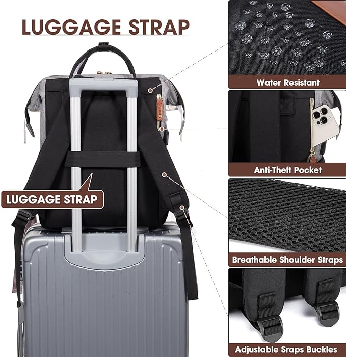Focdod Laptop Backpack 15.6 Inch Professional Womens Purse Computer Bag Nurse Teacher Backpack Waterproof College Work Bags Carry on Travel Back Pack with USB Port, Black-Grey-Brown