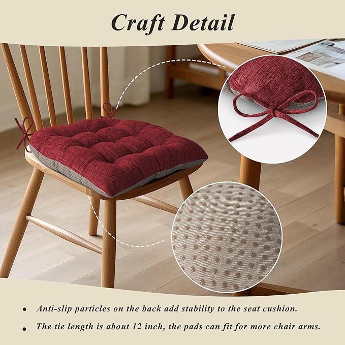 Chair Cushions for Dining Chairs Set of 2 Durable D-Shaped Seat Cushions with Non-Slip Backing Secure Ties Thick Cozy Seat Pad for Kitchen Dining Room Office(18x16.5x3in Burgundy)