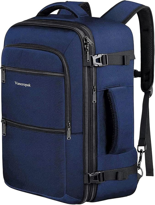 Vancropak Carry On Backpack, 45L Expandable Extra Large Travel Backpack, Flight Approved Water Resistant Luggage Suitcase Daypack, Lightweight Personal Business Weekender Bag for Men & Women, Blue