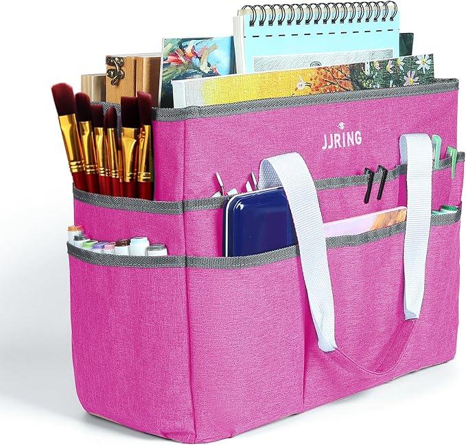 JJRING Craft Organizer Tote Bag, Large Art Storage Caddy with Multiple Pockets, Deep Red Sewing Bag for Art, Craft, Scrapbooking, Medical, and Office Supplies Storage