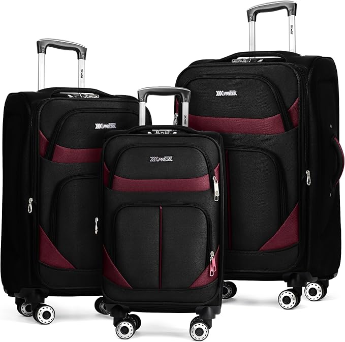 3-Piece Softside Expandable Luggage Set with Front Open Pocket,Lightweight Durable Suitcase Sets Double Spinner Wheels & w/LOCK（Black-Burgundy,20in/24in/28in）