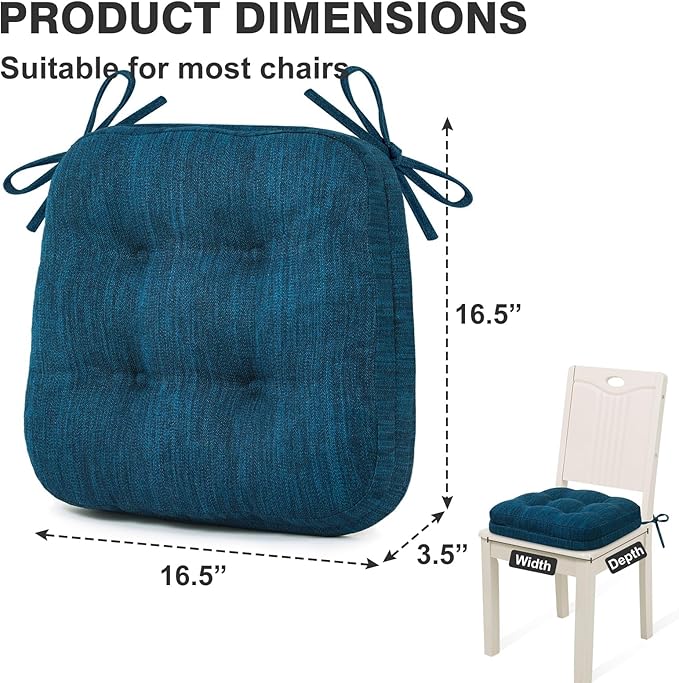 Shinnwa Dining Chair Cushions Set of 6, Dual-Layer Memory Foam Kitchen Chair Cushions, Patented Design Seat Pads with Ties, 16.5 x 16.5 x 3.5in, 6 Pack, Navy Blue