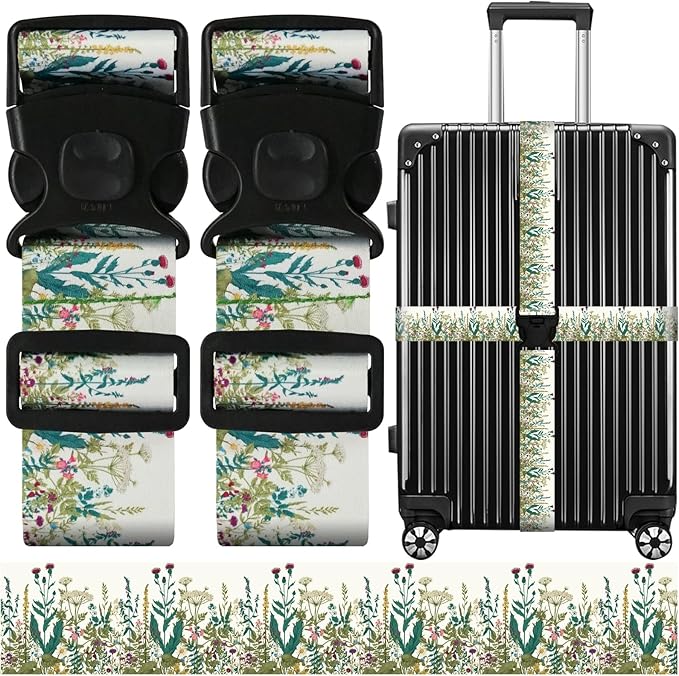 Luggage Straps for Suitcases, Travel Adjustable Belt with Quick Release Buckle, Heavy Duty Nylon Bag Packing Strap, Unique Bright Identifiers Business Travel Accessories (2 Pack) - White Flowers
