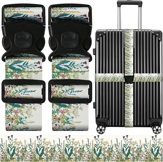Luggage Straps for Suitcases, Travel Adjustable Belt with Quick Release Buckle, Heavy Duty Nylon Bag Packing Strap, Unique Bright Identifiers Business Travel Accessories (2 Pack) - White Flowers