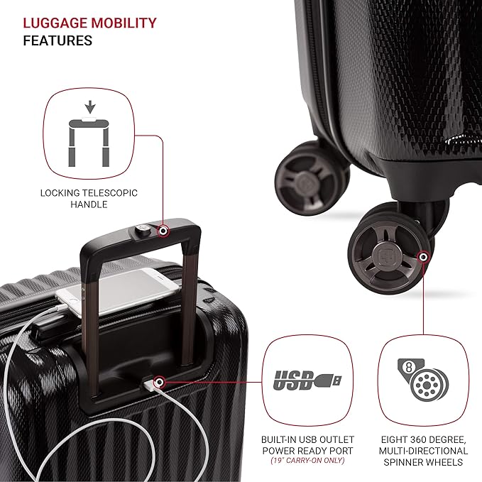 SwissGear 7272 Energie Expandable Hardside Luggage with Spinner Wheels and TSA Lock, Black, 3-Piece Set (19/24/27)