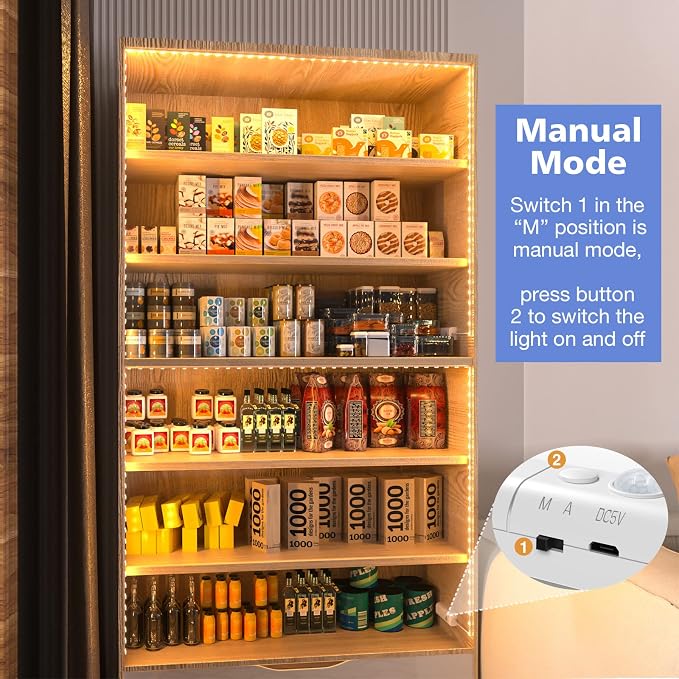 WOBANE Rechargeable Motion Sensor Strip Light, Warm White LED Closet Lights | 2X 6.56ft Upgraded Battery Operated LED Strip Light for Wardrobe,Stair,Pantry,Cupboard,Bed,Locker,2700K