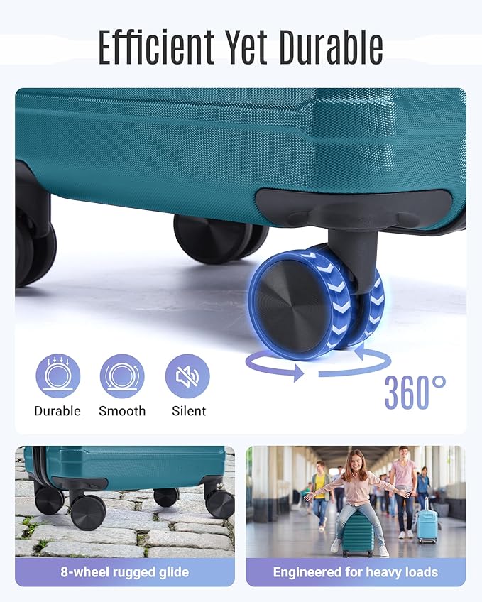 LIGHT FLIGHT Luggage Sets, 3 Piece Durable Suitcase Set with Spinner Wheels, 3 Pcs Hard Shell Lightweight Luggage with TSA Lock, Large Checked Travel Suitcases, 20/24/28 Inch,Teal Blue
