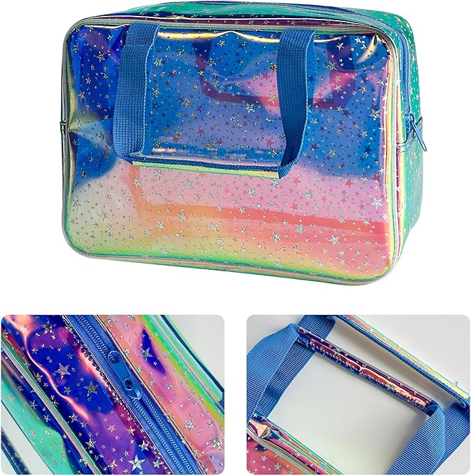 Holographic Blue Clear Star Large Cosmetic Bag and TPU Travel Pouch with Handle,Durable Material,Zipper Design-Ideal for Makeup,Travel Essentials (Holographic Blue+Star)