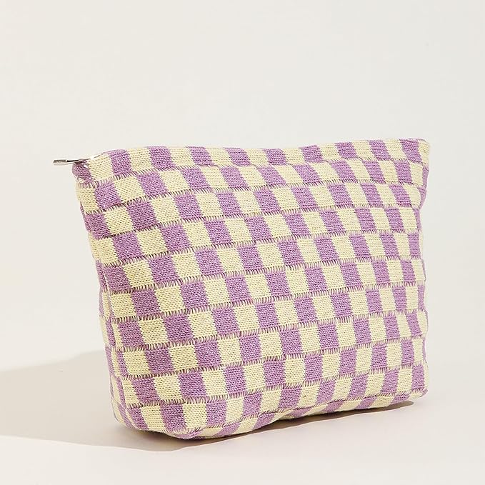 Cosmetic Bags for Women - Corduroy Cosmetic Bag Aesthetic Women Handbags Purses Smile Dots Makeup Organizer Storage Makeup Bag Girls Case Bags (Q-Checkered purple)