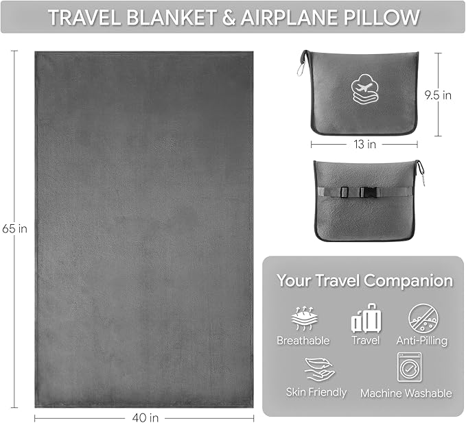 Travel Blanket, Soft 2-in-1 Airplane Blanket, 65x40 Inches, Travel Essentials Car Blanket with Luggage Sleeve & Backpack Clip (Light Grey)