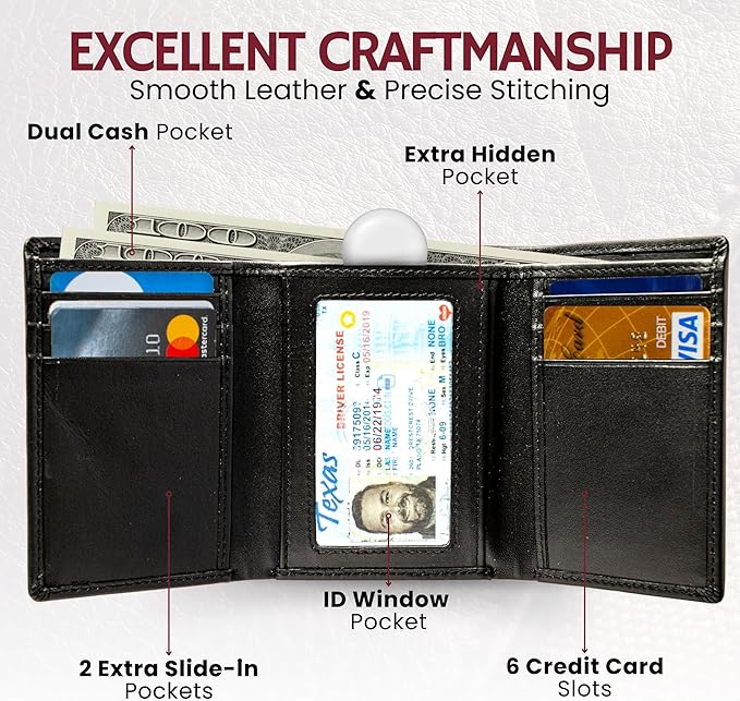 BULL GUARD Genuine Nappa Leather Trifold Wallet For Men RFID And ID Window